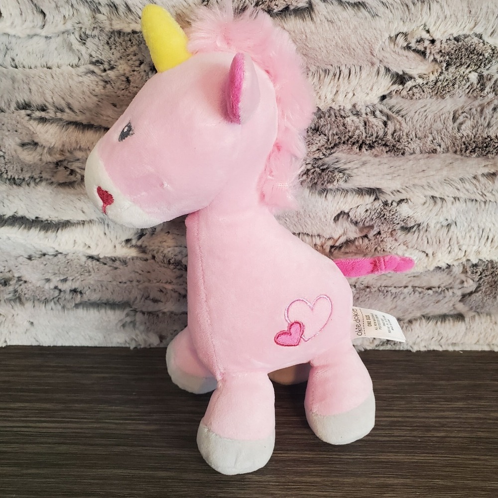 PINK Okie Dokie UNICORN Plush STUFFED Animal RATTLE Baby Toy HEARTS Girl's 2017